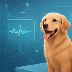 A golden retriever sitting in front of a tech-themed background with abstract data visuals.