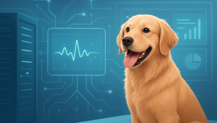 A golden retriever sitting in front of a tech-themed background with abstract data visuals.