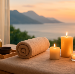 A massage table set with candles, essential oil, and a rolled towel, overlooking a scenic view