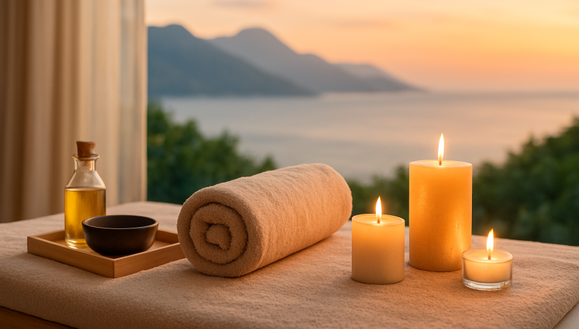 A massage table set with candles, essential oil, and a rolled towel, overlooking a scenic view
